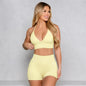 Bum 2PCS Seamless Yoga Set Women Blossom Bra + V-Back Shorts Gym
