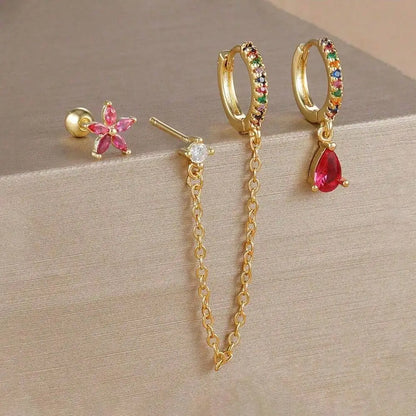 3PCS Set Stainless Steel Crystal CZ Butterfly Ear Stud Earring Gold