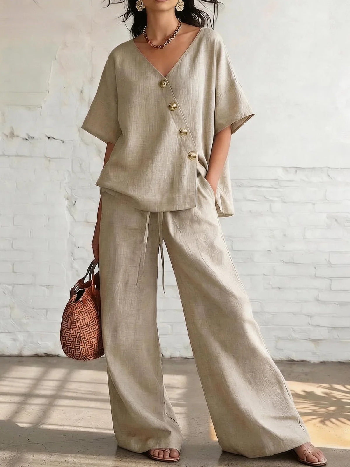 Casual Cotton Loose Pants Sets Women Summer Fashion Short Sleeve