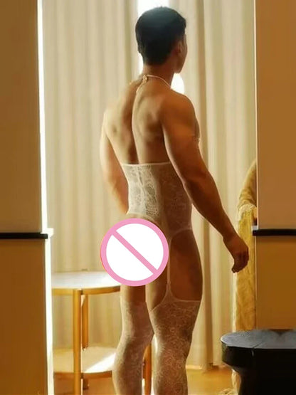 New Sexy Halter Men Fishnet Bodystockings Women Erotic Lingerie Open Crotch White Crotchless Teddies Bodysuit Underwear Costumes