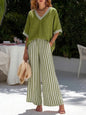 V-neck Short-sleeved Tops Striped Wide-leg Pants Two-piece Set 2026 Spring Summer New Women's Fashion Casual Loose Two-piece Set