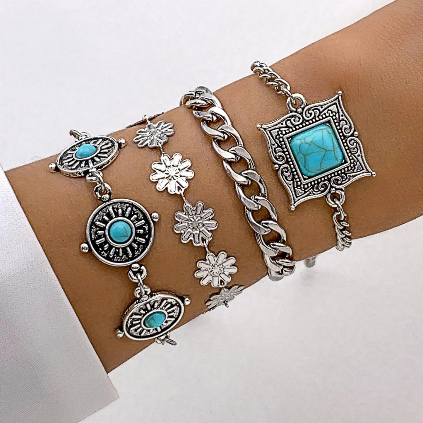 KMVEXO 5Pcs/Set Vintage Bohemian Turquoise Inlaid Bracelets Women Ethnic Style Flower Feather Cuff Bracelet Bangles Boho Jewelry