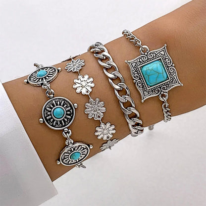 KMVEXO 5Pcs/Set Vintage Bohemian Turquoise Inlaid Bracelets Women Ethnic Style Flower Feather Cuff Bracelet Bangles Boho Jewelry