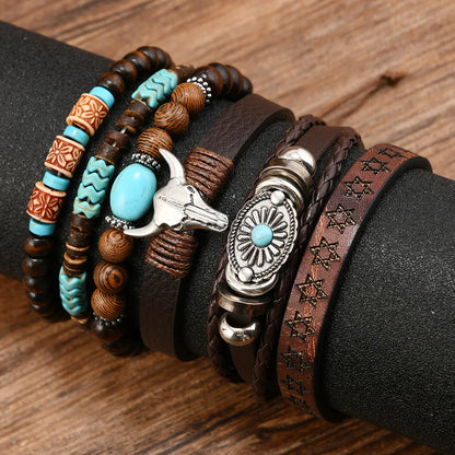 Western Denim style fashion men's leather bracelet skull cow head zinc alloy accessories 6-piece cowhide bracelet