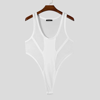INCERUN American Style Bodysuits Fashion Mens Mesh Splicing Side High Slit Triangle Jumpsuits Sexy Homewear Sleeveless Jumpsuits