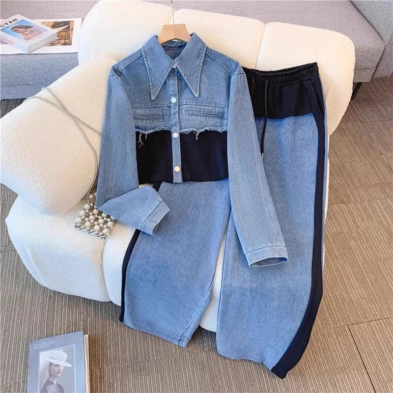 Blue Patchwork Pants Sets Women Fashion Long Sleeve Single-Breasted