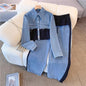 Blue Patchwork Pants Sets Women Fashion Long Sleeve Single-Breasted
