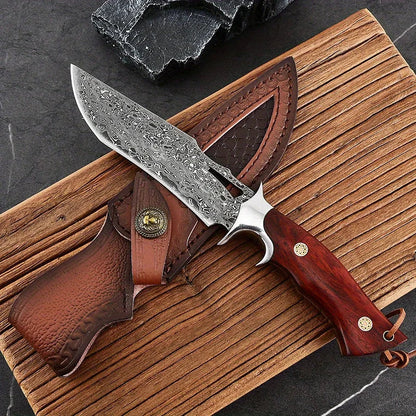 A Large Damascus Handmade Forged Knife - Fixed Blade, Wooden Handle