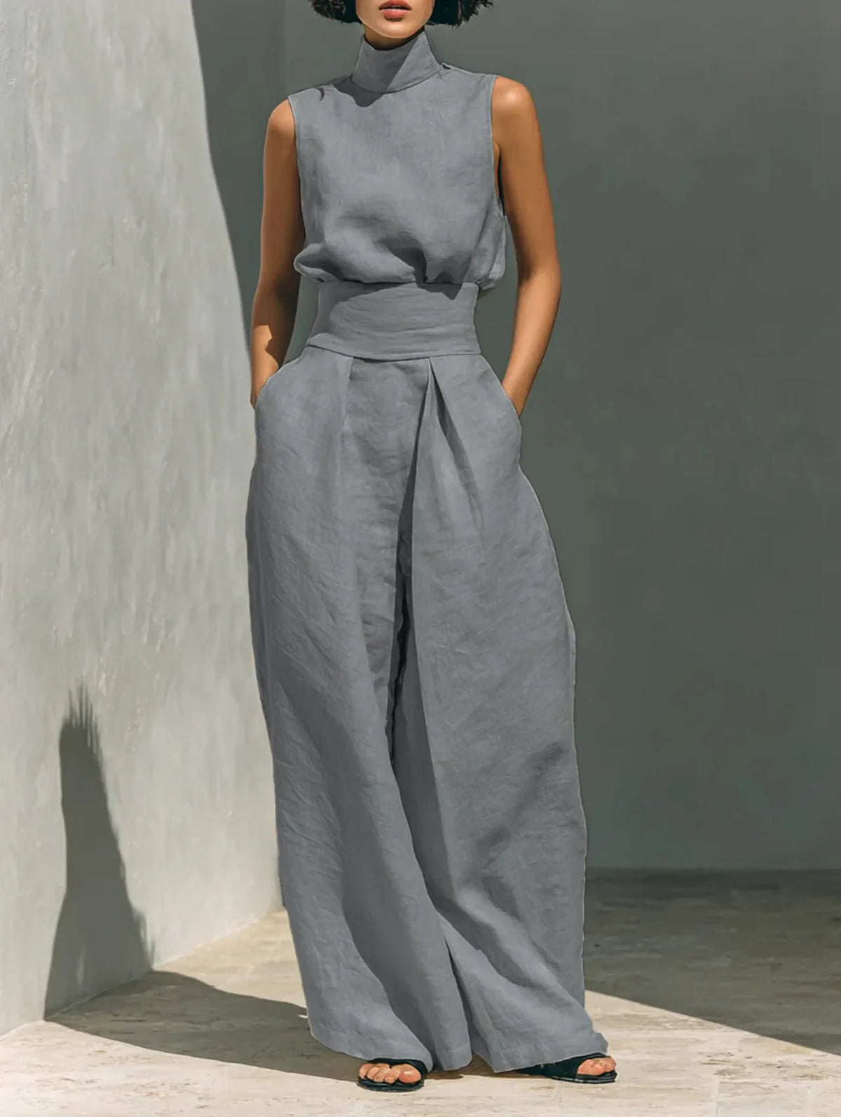 Casual Solid Cotton Linen Two-Piece Set for Women Sleeveless