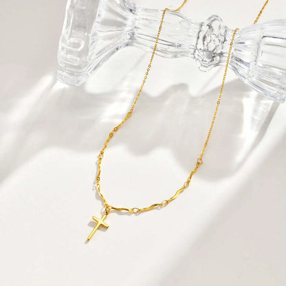 Minimalist Stainless Steel Cross Pendant Necklace, Non-fading Gold Plated Wave Chain Charm Necklace, Exquisite Jewelry for Women