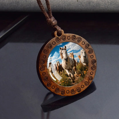 Horse Necklaces White Brown Horse Galloping Glass Dome Vintage Wooden Pendant Rope Chains Necklace Women Men Goth Jewelry Gift