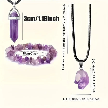 3Pcs Natural Amethyst Jewelry Set Irregular Chip Bracelet Raw Crystal Pendant Hexagonal Point Necklace Healing Spiritual Gift