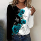 Women's Casual O-neck T-shirt Black and White Rose Print Long Sleeve T-shirt Loose Clothes Ladies Home Clothes Fashion Print