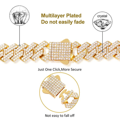 Iced Out Cuban Link Chain 14MM Prong Rhombus Diamond Cuban Chain Hip Hop Choker Necklaces Women Men Jewelry Wholesale