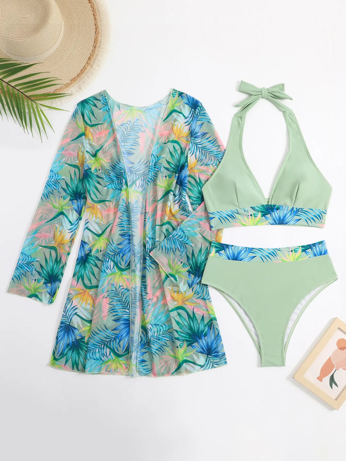 3-Piece Halter Bikini Set with Kimono Cover-Up