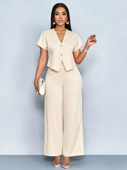 Summer Elegant 2 Piece Suit For Women V Neck Short Sleeve Blouse Top High Waist Wide Leg Pants Set Casual Business Office Outfit