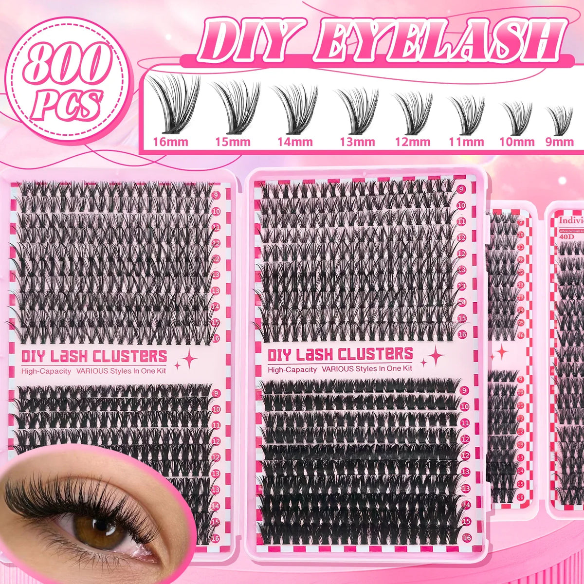 740/800PCS Eyelash Cluster Kit Mixed Lengths Ultra-Light Waterproof Lash Extensions Natural Daily Makeup or Dramatic Glam Look