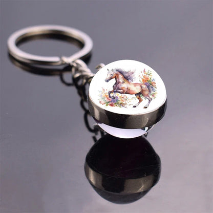 Horse Pattern Keychains White Brown Horse Racing Double Sided Glass Ball Pendant Key Chain Fashion Animal Jewelry Keyring Gift
