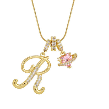 Fashion Letter Necklace for Women Pink Zircon Heart-shaped Pendant Suitable for Girls to Wear Personalized Gold-plated Jewelry