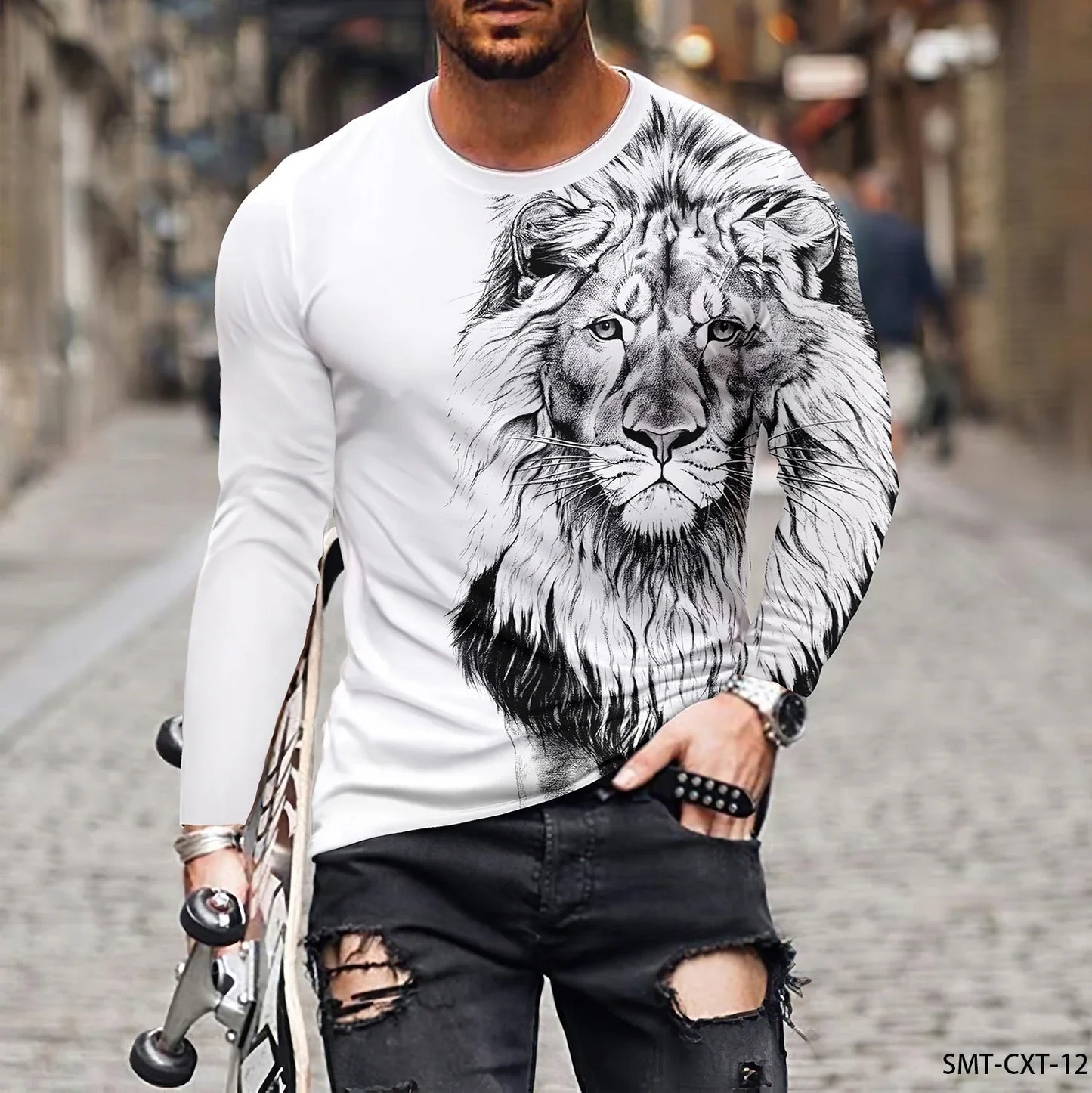 Vintage Animal Lion 3d Print Summer Men's Round Neck T-shirt Casual Long Sleeve Oversized T Shirt Fashion Pullover Men Clothing