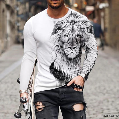 Vintage Animal Lion 3d Print Summer Men's Round Neck T-shirt Casual Long Sleeve Oversized T Shirt Fashion Pullover Men Clothing