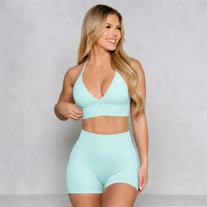 Bum 2PCS Seamless Yoga Set Women Blossom Bra + V-Back Shorts Gym