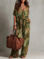 Vintage Women Leopard Print Two Piece Set Elegant Printing V Neck Short Sleeve Knot Front Blouse Wide Leg Pants Suit Outfit