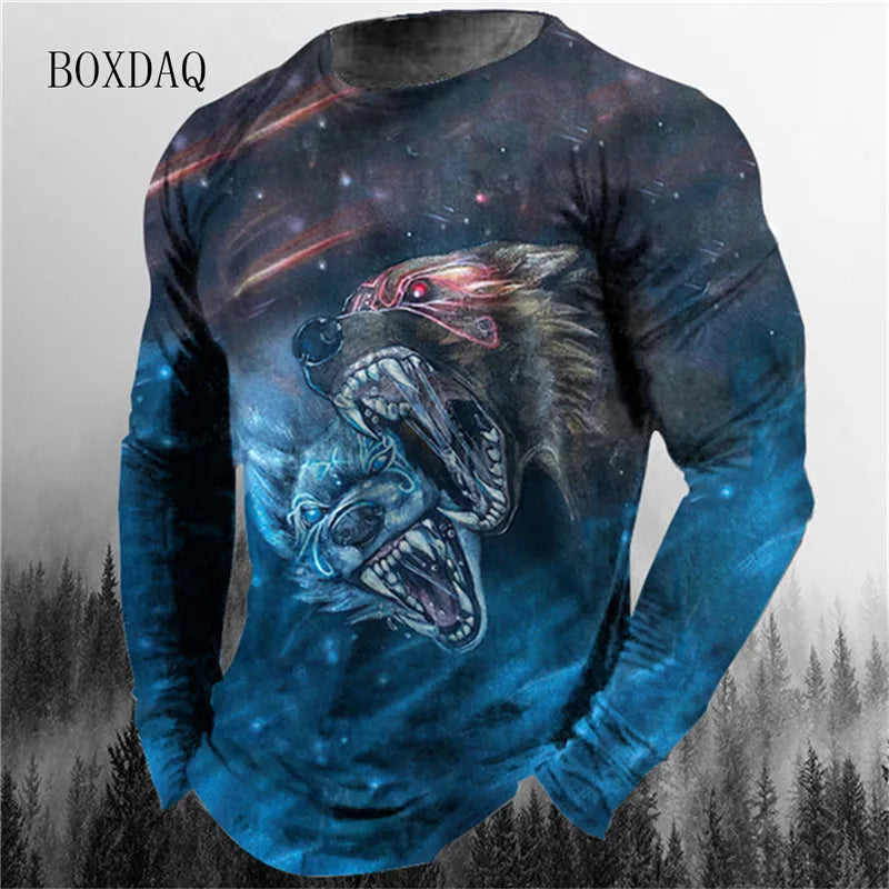 3d Animal Wolf Pattern Print Men's T-shirts Spring Autumn Long Sleeve Street Style Cotton Oversized Tops Loose Casual O-Neck Tee