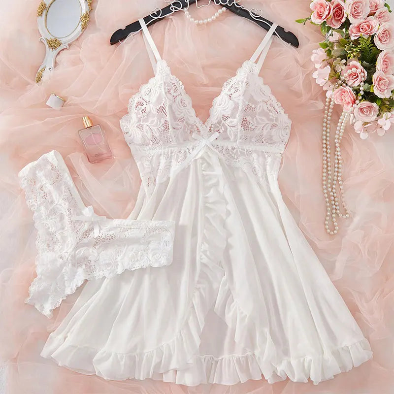 Ultra Sexy Lingerie Women Lace SeeThrough Nightdress Erotic PajamasSolid Soft Slim V Neck Sleepwear Summer Dress & Thong Kit