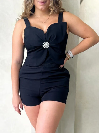 Women Fashion White Black Casual Sleeveless Tank Top Two Piece Sets Outfit Summer Sexy Backless Folds  Vest +pockets Shorts Set