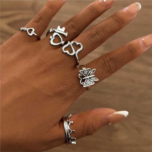 Silver Color Heart Key Butterfly Design Ring for Women  Dainty Stacking Rings Stylish Accessory for Daily Wear Jewelry Accessory