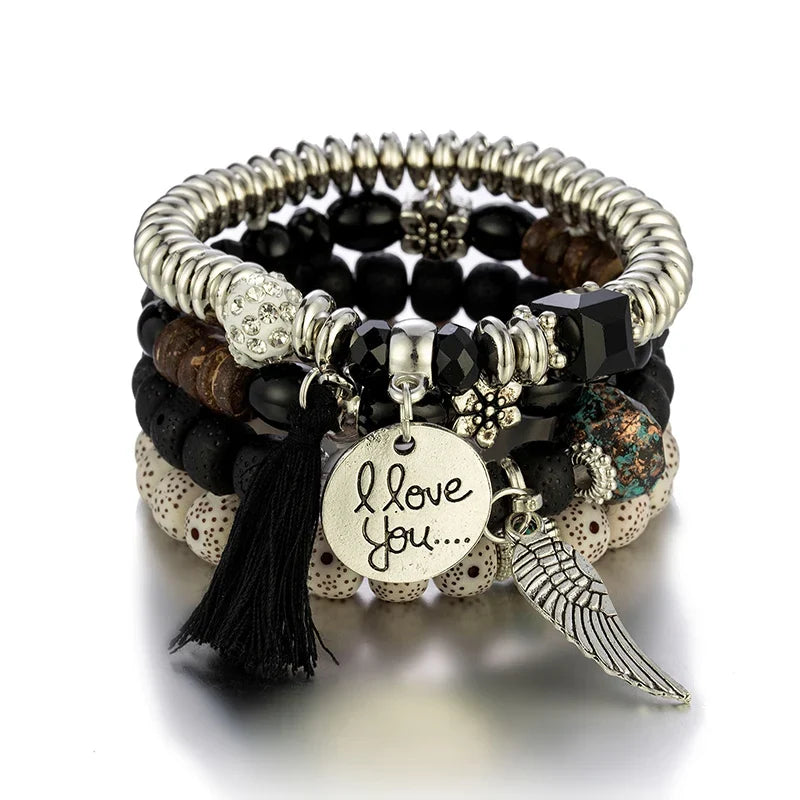 4Pcs Bohemian Women Pink Tassel Bracelet Set For Female I Love You Feather Round Charm Beads Chain Bangle Fashion Party Jewelry