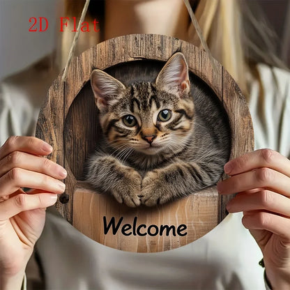 2D Graphic 2D Printed Wall Art - Cat Welcome Signs for Street, Courtyard, Shopping Center, Garage, Cafe, Family, Bar, Club, Kitchen, Restaurant, Laundry Room, Men's Cave, Gym, Bedroom, Farm, Farmhouse, Handmade Round Wood Dec