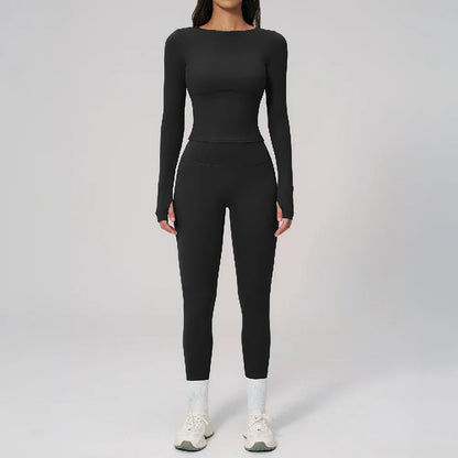 Two Pieces Yoga Set Slim Long Sleeved Gym Set High Elasticity Leggings Sportswear Women's Fitness Cycling Pilates Sports Suits