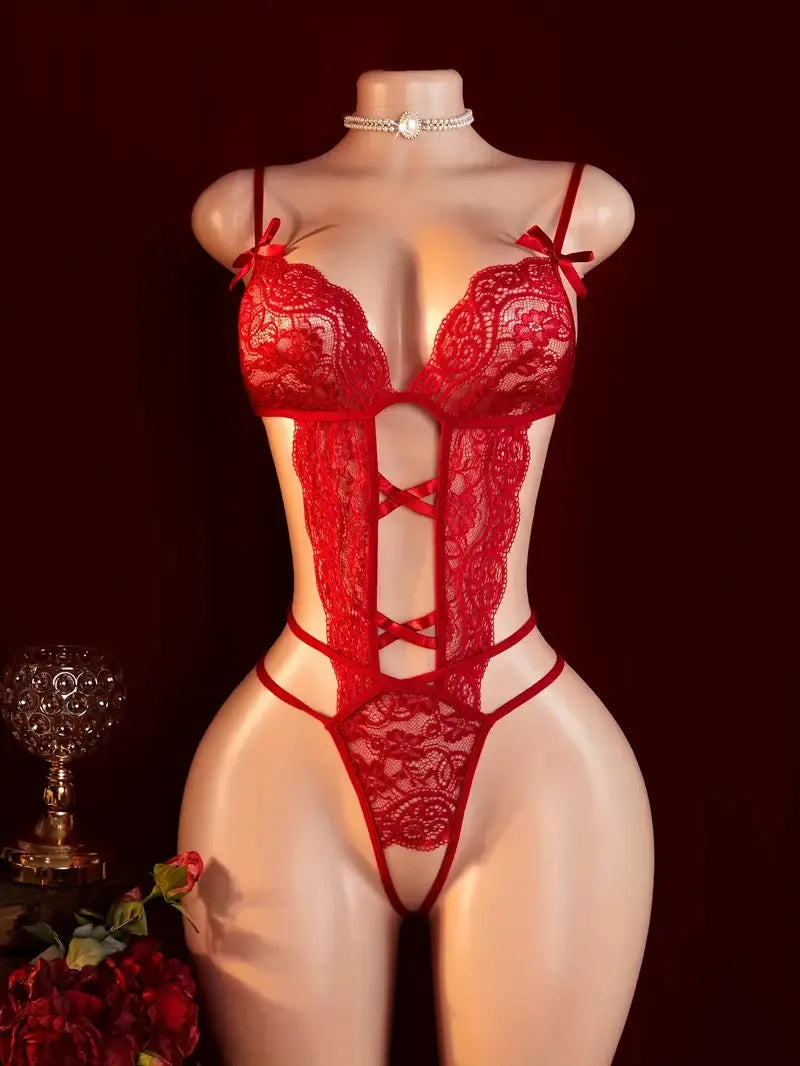 Transparent  Lace Lingerie Deep V Hollow Open Bra Erotic Lingerie Set Sexy Crotchless Bodysuit Temptation Pajamas Hot Underwear