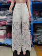 High Waist Wide Leg Jeans Pants Summer Fashionable Lace Splicing Hollow Out Denim Draping Jeans Ladies Cotton Zipper Spring