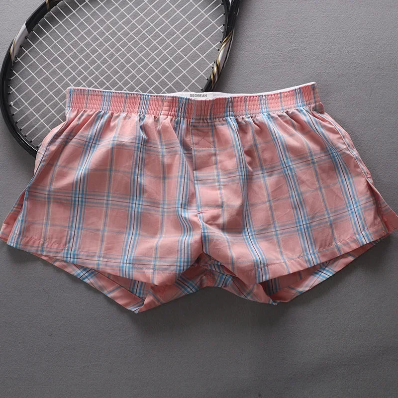SEOBEAN MENS SEXY COTTON SHORTS HOME COMFORT CHECKERED FIT TRUNKS
