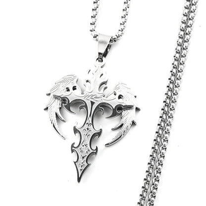 Gothic Punk Angle Wing Spiked Cross Pendant Necklace For Women Men Stainless Steel Black Color Hip Hop Chain Protection Jewelry