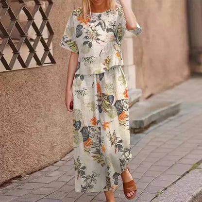 Autumn New Women's Fashion Printed Cotton Linen Plant Flower Three