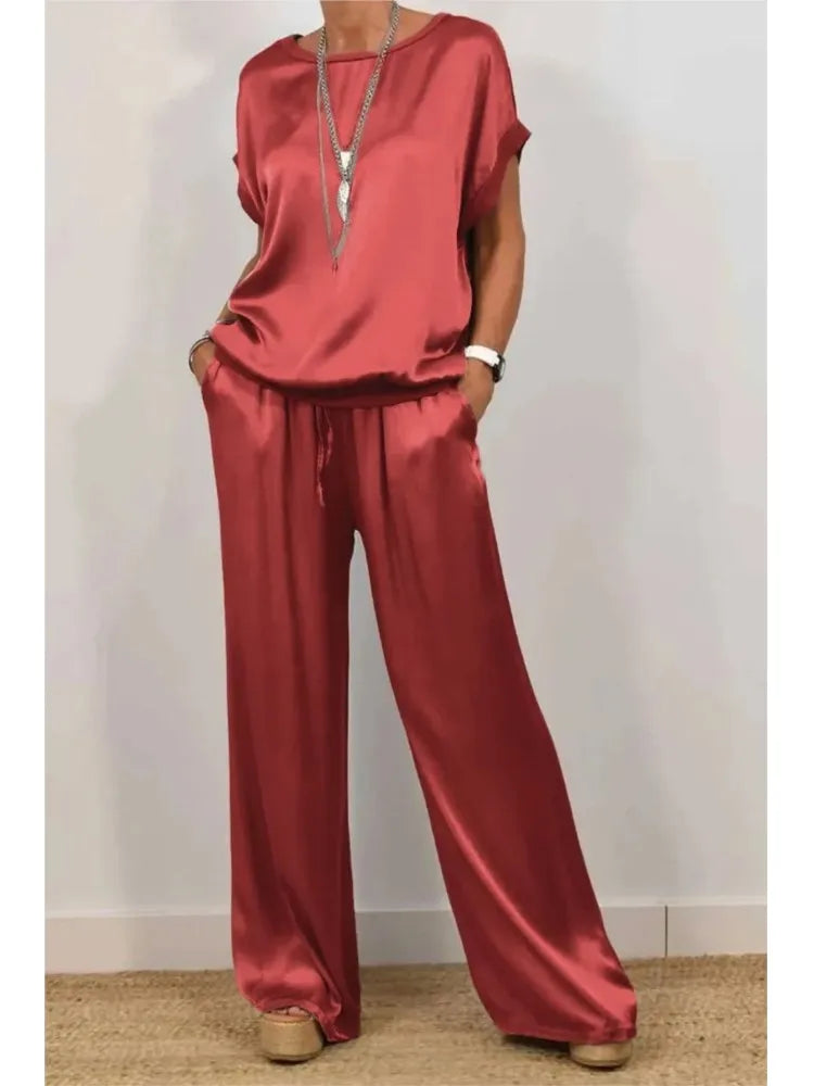 2-Piece Set Fashion Satin O Neck T-Shirt Top Trousers Summer Retro