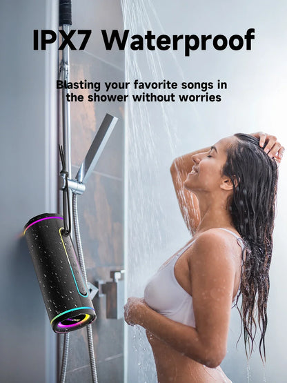 MLOVE E80 Portable Bluetooth Speaker – Powerful Dual Sound, Colorful RGB Lighting, Fully Waterproof (IPX7), TWS Enabled