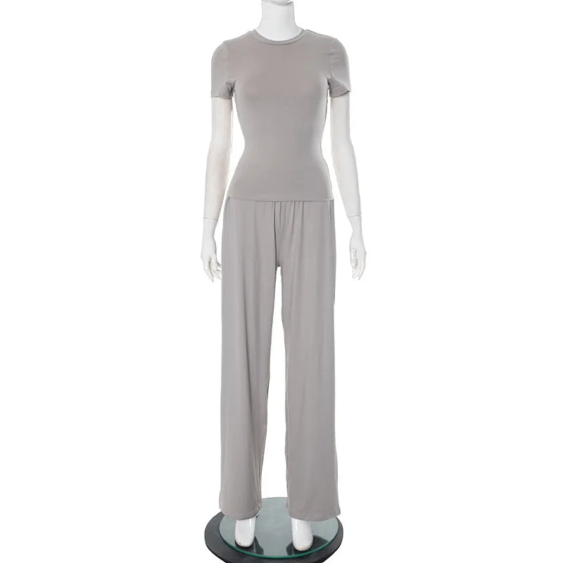 Casual Long Pants Suits Women O-Neck Short Sleeve T-Shirt Elastic