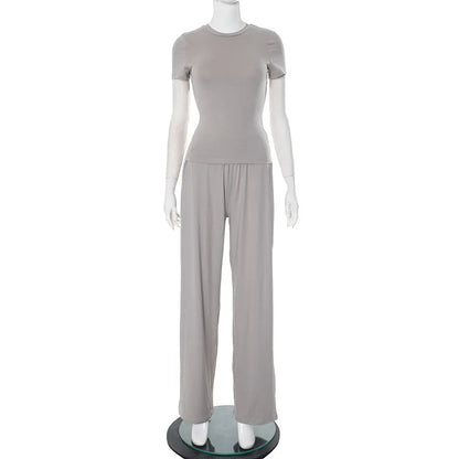 Casual Long Pants Suits Women O-Neck Short Sleeve T-Shirt Elastic