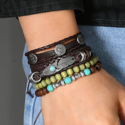 Bohemia Turquoise Ethnic Men’s Leather Bracelets Vintage Multi Layer Flower Leaves Wooden Beads Braided Leather Bracelets