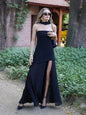 Solid Spliced Ribbon Maxi Dress Women Elegant Strapless Sleeveless Slit Long Dresses 2025 New Summer Holiday Party Lady Vestidos
