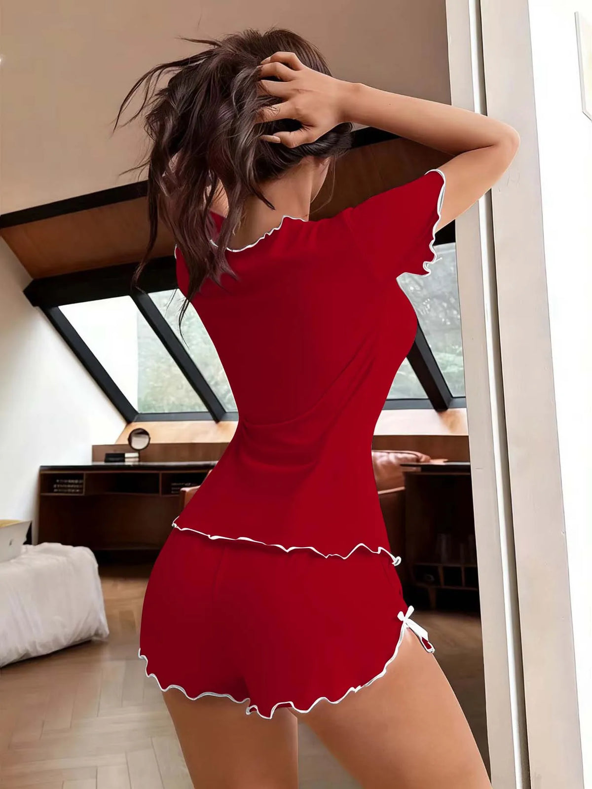 Women's Sweet Pajamas Set Bow Short Sleeve Top And Shorts Sleepwear 2 Piece Set For Women Summer Casual Elastic Homewear