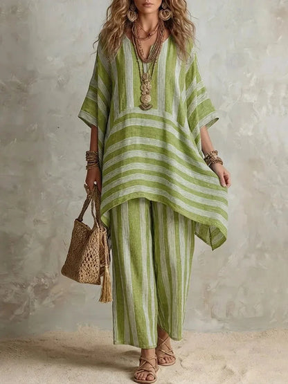 New Women's Two Piece Spring/summer Fashion V-Neck Loose Striped