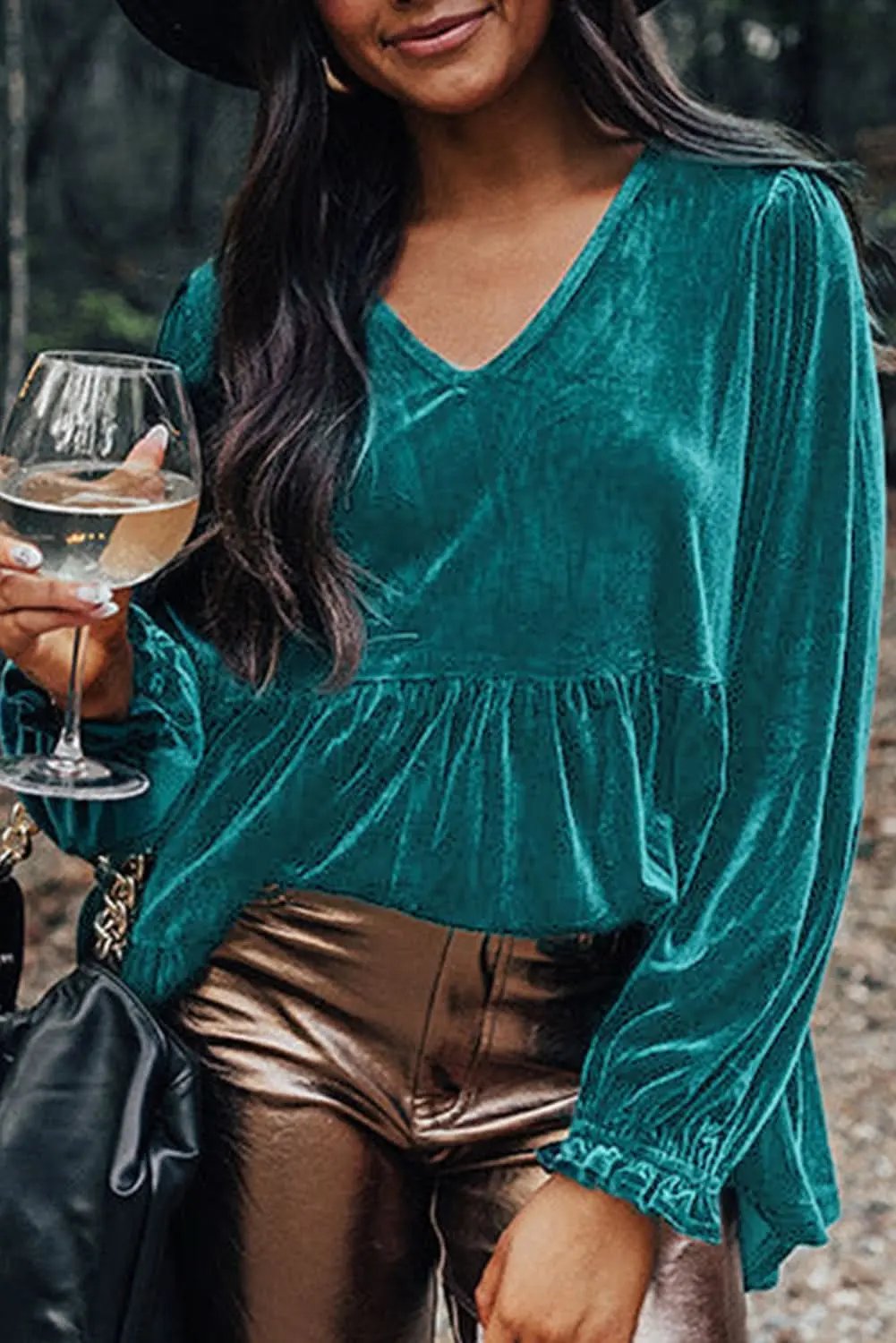 Love Salve Velvet Peplum Blouse — Elegant V-Neck Top for Daily Wear