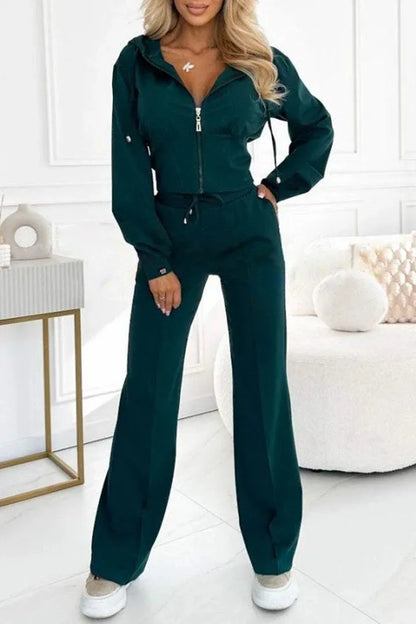 Autumn Casual Solid Sportswear Women Set Fashion Zipper Hooded