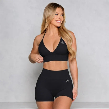 Bum 2PCS Seamless Yoga Set Women Blossom Bra + V-Back Shorts Gym